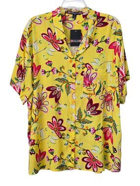 Helium Yellow & Hot Pink Floral Short Sleeve Button Down Shirt Size 2X NEW